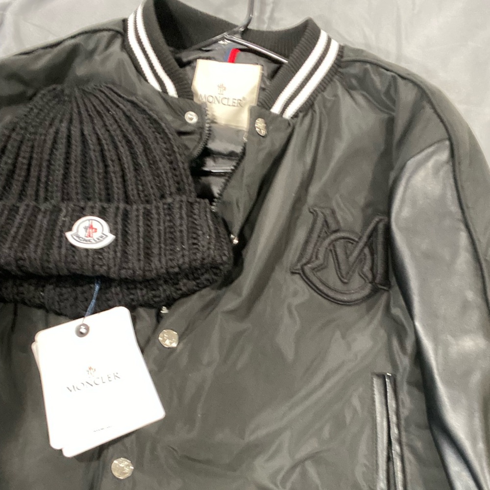 Black monclear bomber coat with hat